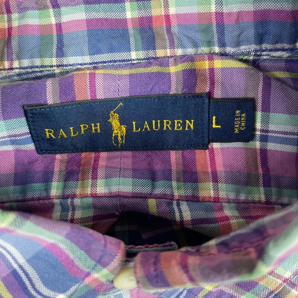 Ralph Lauren Button Down Shirt Mens L Purple Plaid Long Sleeve Pony Classic Fit